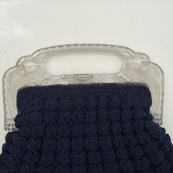 VINTAGE 30s Popcorn Crochet Navy Blue Peacock Handle Evening Bag - Picture 3 of 15